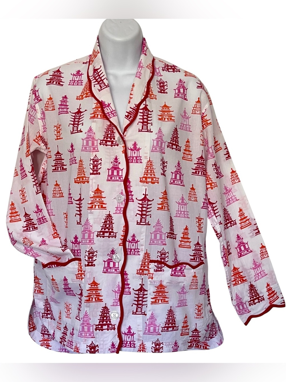 Heidi Carey Sleep Pajama Shirt Top XS Asian Pagodas Scallop Pockets Oversized